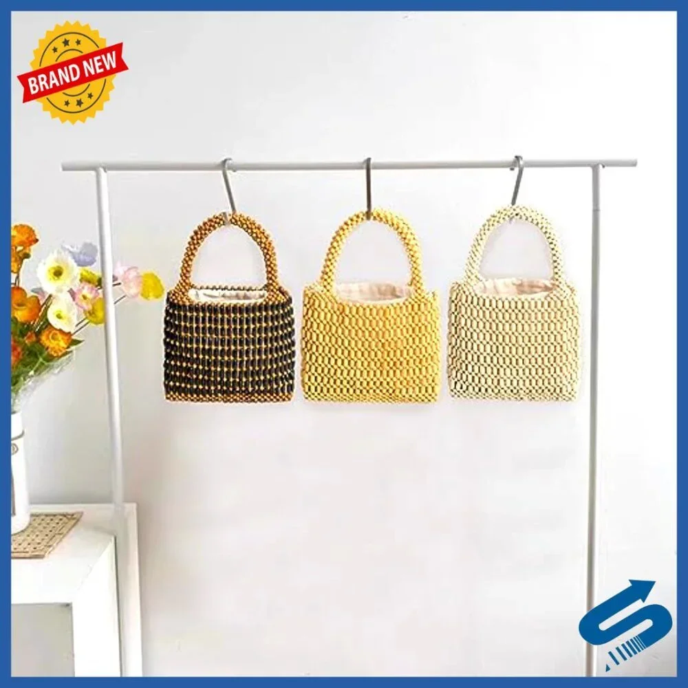 Handwoven Wooden Bead Tote Bag Boho Mini Drawstring Clutch Beach Bag